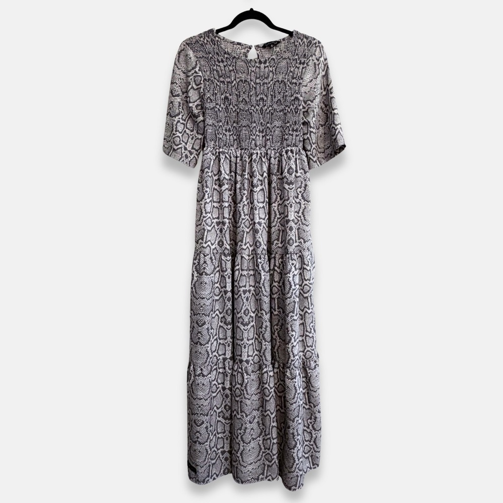 Simply‎ Southern Snakeskin Print Smocked Bodice Maxi Dress Gray White Medium